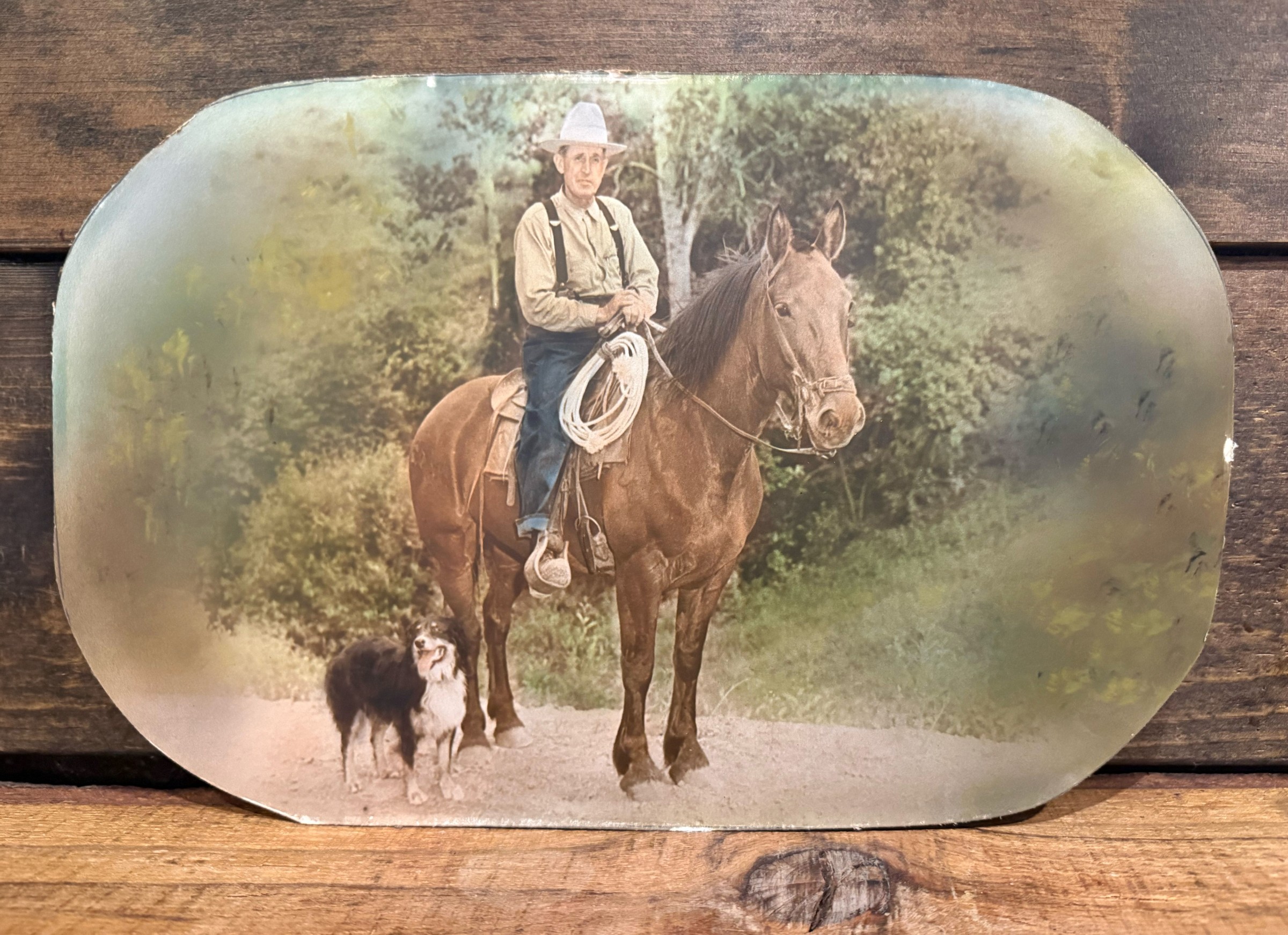 Earl Sewell on his horse Cox, with the dog Tam, Cow Creek, Idaho